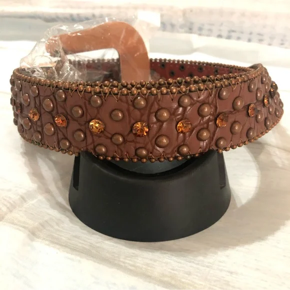 Womens Western Leather Belt Buckle Studded Cowgirl Brown Size Large - Picture 6 of 12